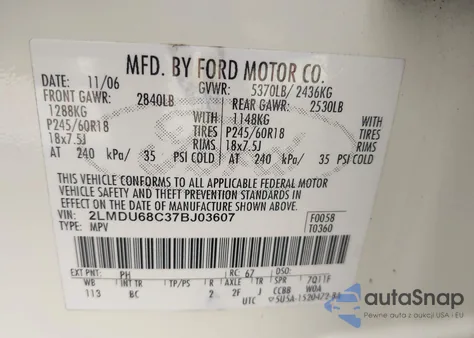 2007 Lincoln Mkx z USA, uszkodzony, nr VIN 2LMDU68C37BJ03607